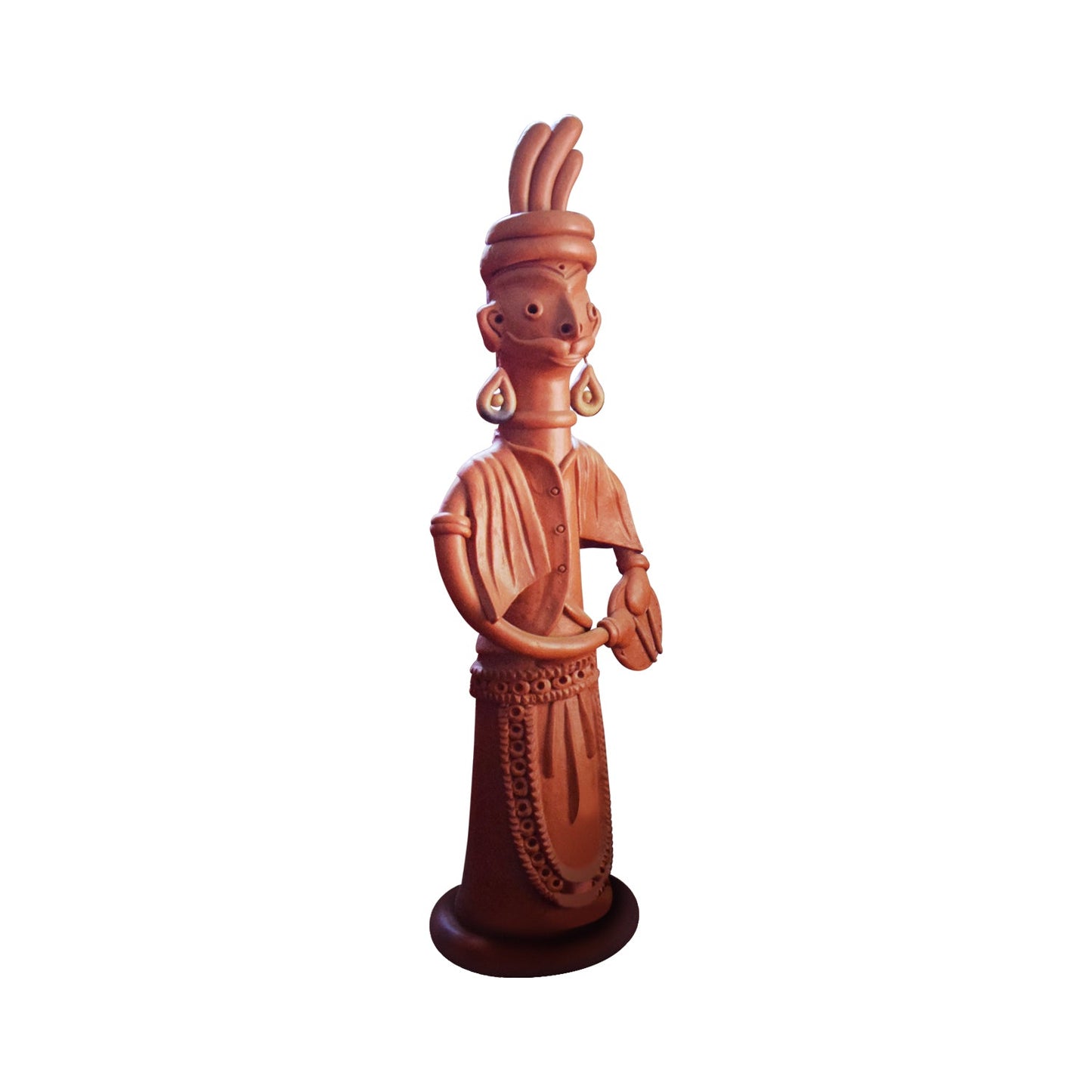 A detailed right-profile view of a handcrafted terracotta musician figurine. This clay doll depicts a traditional drummer featuring a turban, large circular earrings, and ethnic attire, highlighting the depth of the instrument and the smooth, reddish-brown earthenware finish against a white background.