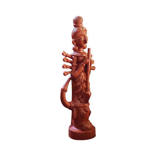 A detailed right-side profile view of a handmade terracotta sculpture depicting Goddess Durga slaying the demon Mahishasura (Mahishasura Mardini). Isolated on a white background, this traditional Indian clay art piece showcases the dynamic posture and intricate side detailing of the deity and the demon base.
