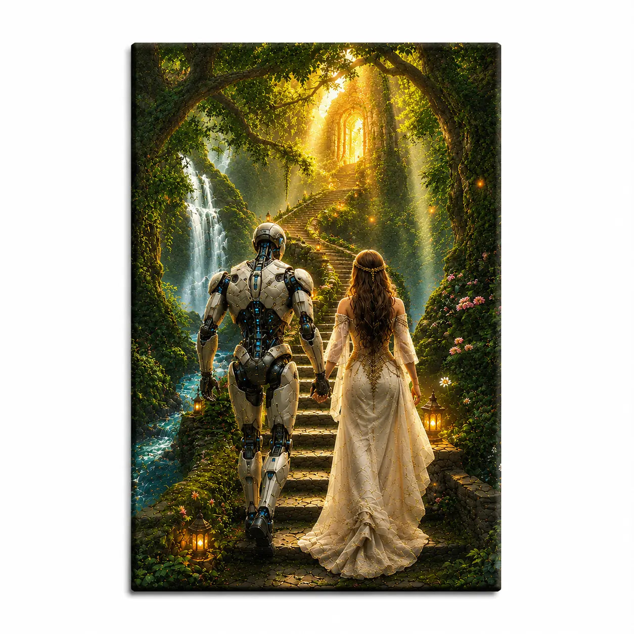 Artistic canvas print featuring a cyborg robot and a woman holding hands walking up a stone staircase through an enchanted forest.
