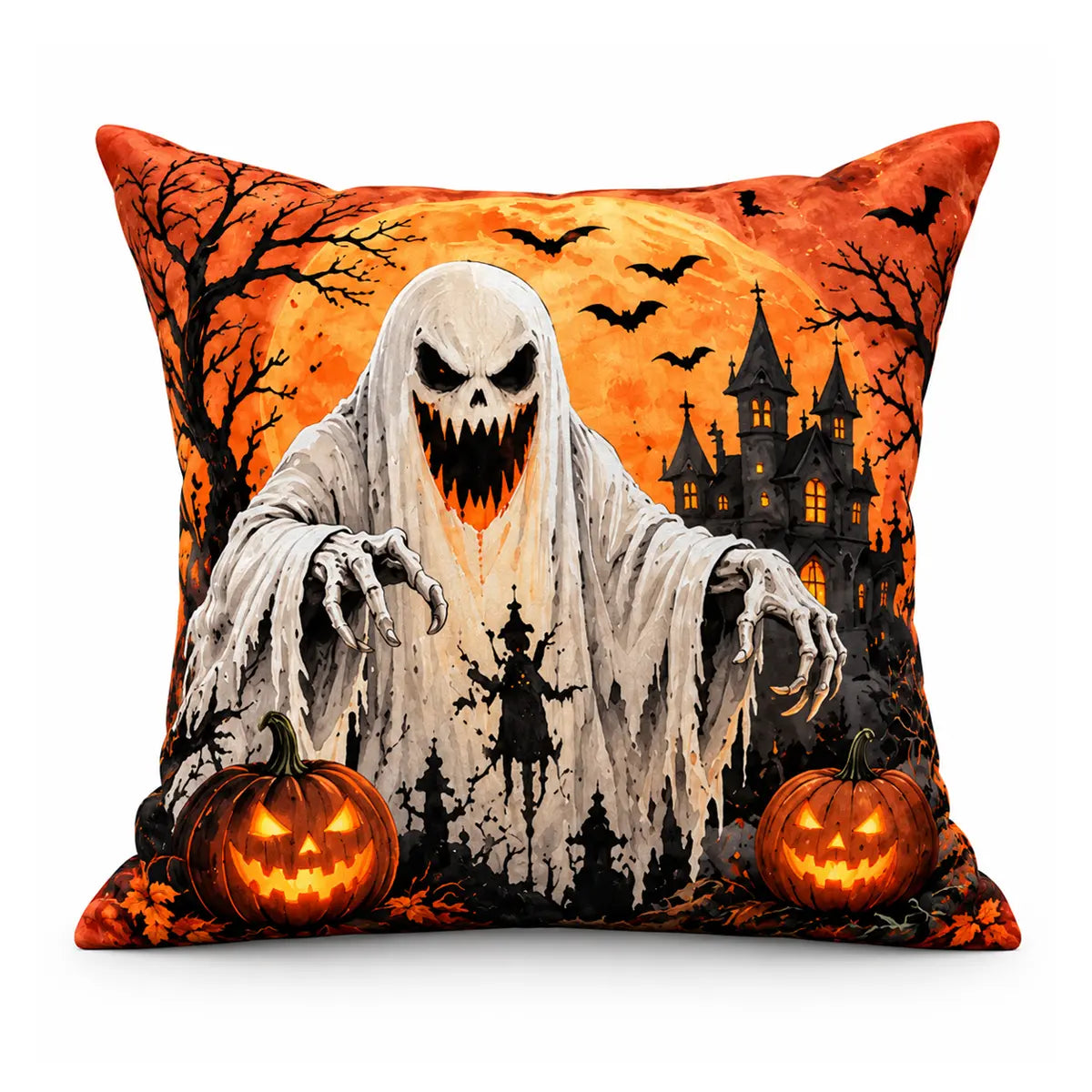 Horror aesthetic haunted house cushion cover featuring a terrifying watercolor ghost reaching forward, haunted graveyard silhouettes, bats, and glowing jack-o-lanterns.