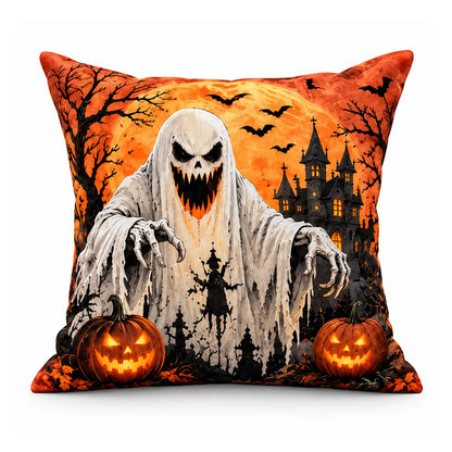 Horror aesthetic haunted house cushion cover featuring a terrifying watercolor ghost reaching forward, haunted graveyard silhouettes, bats, and glowing jack-o-lanterns.