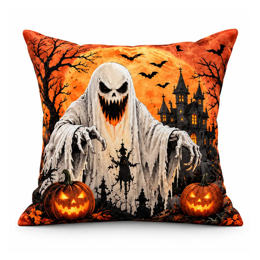 Horror aesthetic haunted house cushion cover featuring a terrifying watercolor ghost reaching forward, haunted graveyard silhouettes, bats, and glowing jack-o-lanterns.