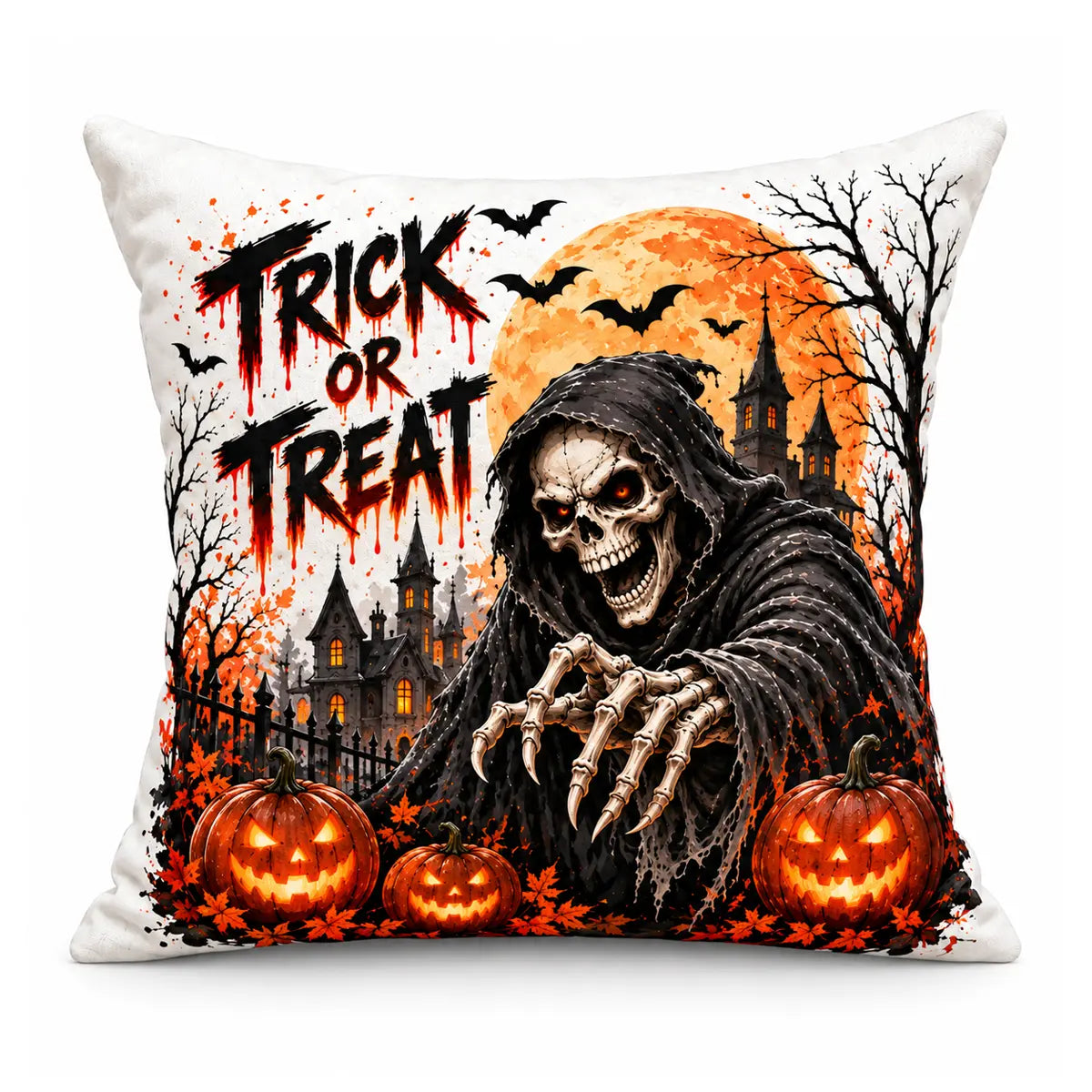 Horror aesthetic haunted house cushion cover featuring a scary grim reaper reaching forward, glowing jack-o-lanterns, bats, and dripping trick or treat text against an orange full moon.