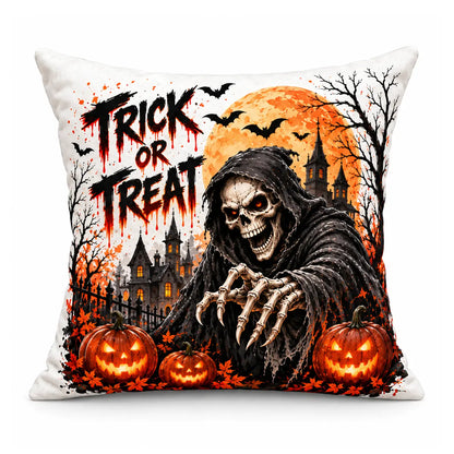 Horror aesthetic haunted house cushion cover featuring a scary grim reaper reaching forward, glowing jack-o-lanterns, bats, and dripping trick or treat text against an orange full moon.