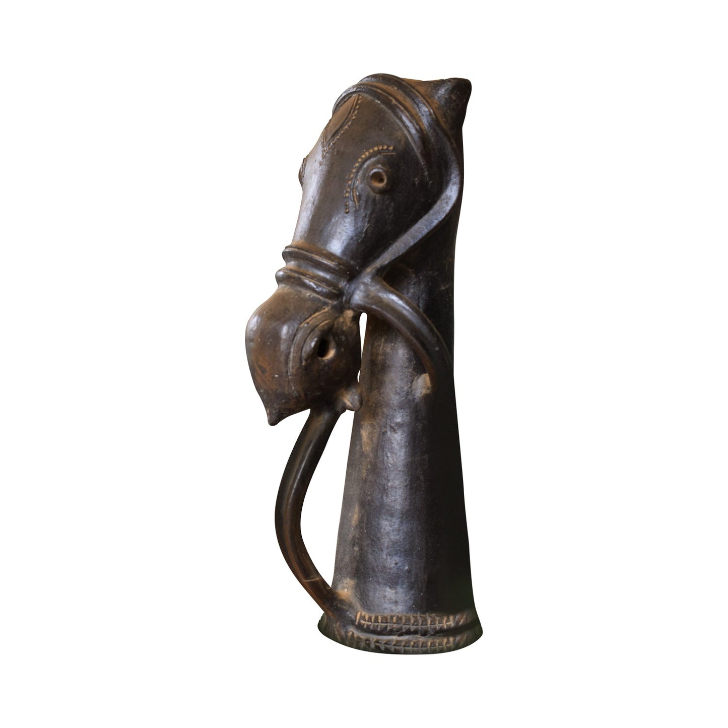 A studio view of a handcrafted black terracotta horse sculpture featuring a stylized, elongated neck and traditional bridle detailing. This unique piece of Indian folk art showcases a dark, burnished clay finish with intricate engravings, isolated against a white background.