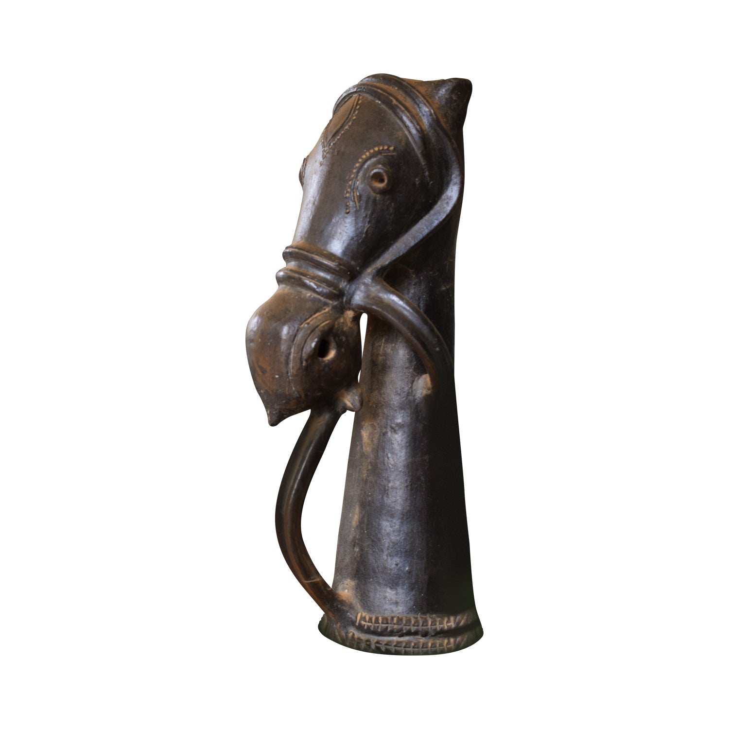 A studio view of a handcrafted black terracotta horse sculpture featuring a stylized, elongated neck and traditional bridle detailing. This unique piece of Indian folk art showcases a dark, burnished clay finish with intricate engravings, isolated against a white background.