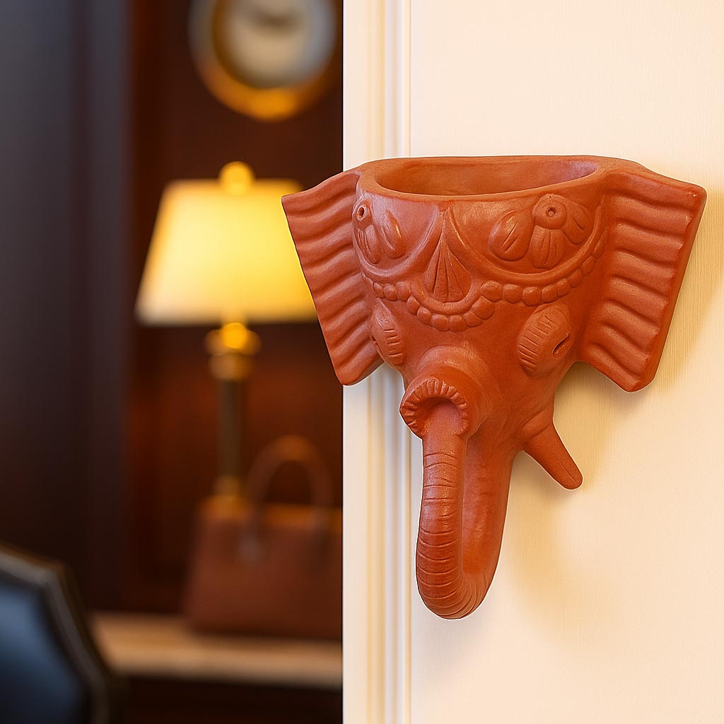 A lifestyle photography shot showing the handcrafted terracotta Lord Ganesha wall hanging mounted on a cream-colored wall. The image features a blurred warm interior background with a lamp, illustrating how this traditional clay piece complements a modern living space.