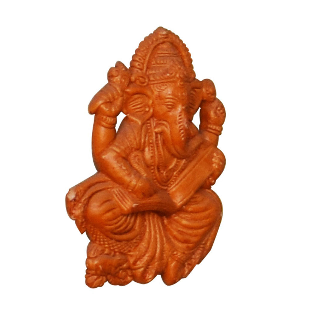 Front view of a handcrafted terracotta Ganesha holding an open book, natural clay wall hanging, made in Panchmura, Bankura