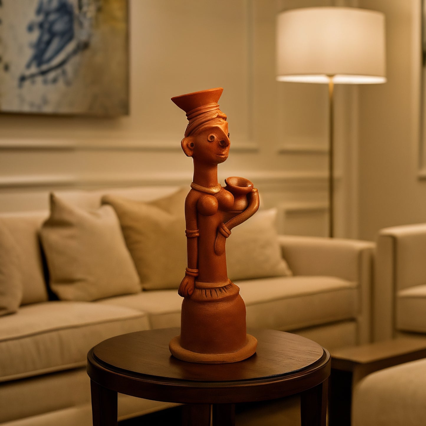 Side view of handcrafted terracotta statue of an Indian woman carrying a clay pot, made in Panchmura, Bankura, warm earthy finish for home or garden décor lifestyle image