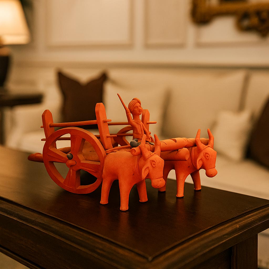 A handcrafted terracotta bullock cart sculpture displayed as a centerpiece on a dark wooden coffee table in a cozy living room. The warm red clay artifact contrasts elegantly with the soft, blurred background of a beige sofa and warm interior lighting.