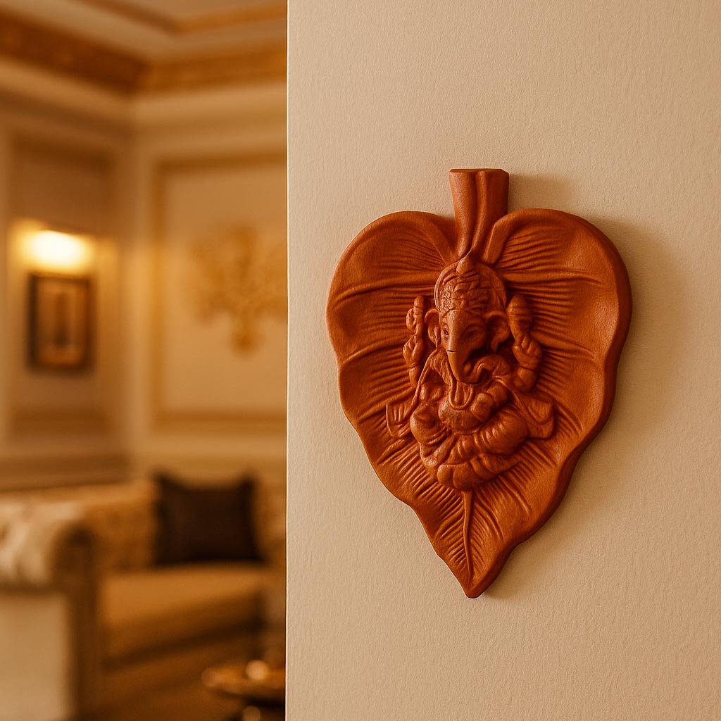 A lifestyle photograph displaying a handcrafted terracotta Ganesha wall hanging mounted on a cream-colored wall. The sculpture features Lord Ganesha seated on a stylized leaf motif, set against a blurred, warm interior background with soft lighting, illustrating how this spiritual piece enhances a living room or hallway.