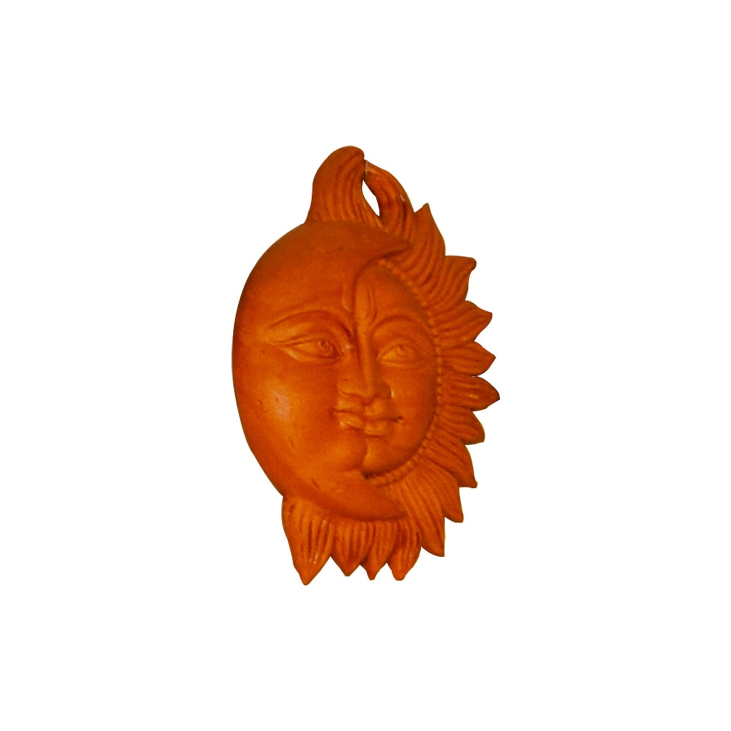 Side view of handcrafted terracotta Surya Chandra wall hanging in warm brown clay from Panchmura, combining Sun and Moon design for home décor
