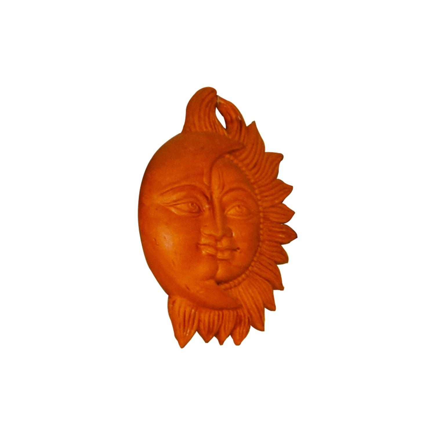 Side view of handcrafted terracotta Surya Chandra wall hanging in warm brown clay from Panchmura, combining Sun and Moon design for home décor