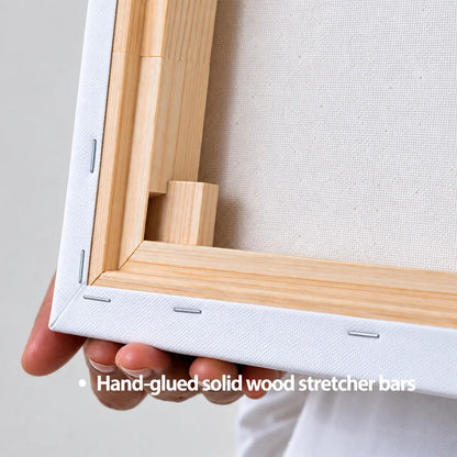 Back view of Incotta canvas print showing solid wood stretcher bars and corner wedges for durable tension.