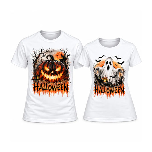 Aesthetic dripping text seasonal matching outfits featuring a scary jack-o-lantern on one shirt and a screaming ghost on the other, with haunted silhouettes.