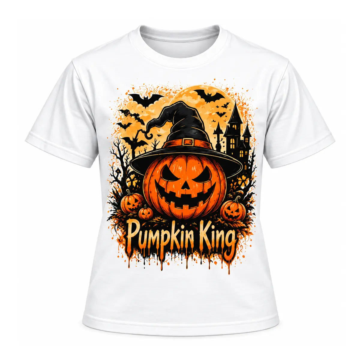 Bold dripping text pumpkin art tee featuring a menacing jack-o-lantern in a witch hat, a haunted house, bats, and a full moon.