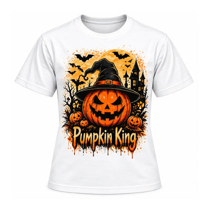 Bold dripping text pumpkin art tee featuring a menacing jack-o-lantern in a witch hat, a haunted house, bats, and a full moon.