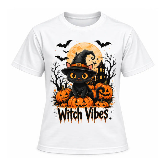 Whimsical Halloween jack-o-lantern cat shirt featuring an adorable black cat in a witch hat, pumpkins, bats, and a haunted house.