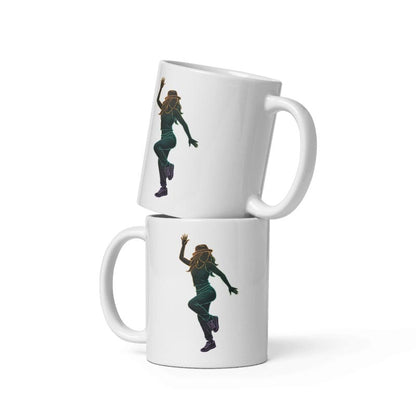A product display shot featuring two white ceramic mugs stacked vertically on a white background. Both mugs display the same neon gradient line art of a dancing woman in a hat, allowing the viewer to see the consistency of the print placement and the clean design from a slightly elevated angle.