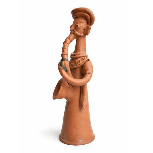 Handmade terracotta tribal musician sculpture, Indian folk art decor with rustic handcrafted detailing.