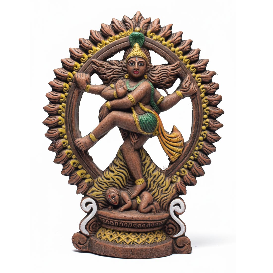 A detailed front view of a handcrafted terracotta statue of Lord Nataraja (Shiva) performing the cosmic Tandava dance. The sculpture is framed by an intricate ring of flames (Prabha Mandala) and features traditional earthen clay tones with hand-painted accents in green, yellow, and white. The deity is depicted with four arms, balancing on the dwarf demon Apasmara, symbolizing the triumph over ignorance.