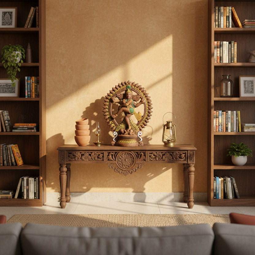 An interior design shot featuring a handcrafted Terracotta Nataraja statue displayed on a carved wooden console table. Warm natural sunlight casts dramatic shadows on the textured beige wall, highlighting the intricate details of the clay sculpture. The scene is styled with rustic bookshelves, a vintage lantern, and earthenware bowls, showcasing the statue as a spiritual centerpiece in a warm, inviting living room.