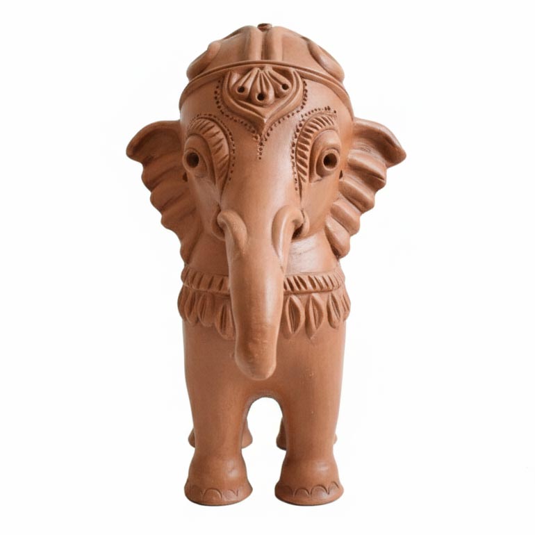 Traditional Indian terracotta elephant decor piece with detailed carving, handcrafted pottery for living room styling.