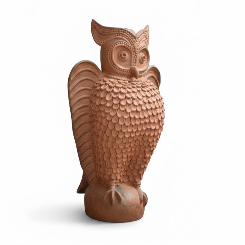 Ethnic Indian terracotta owl statue with detailed craftsmanship, handcrafted pottery decor for interiors.
