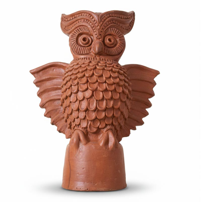 Traditional terracotta owl statue crafted by Indian artisans, decorative clay sculpture for living room or shelf decor.