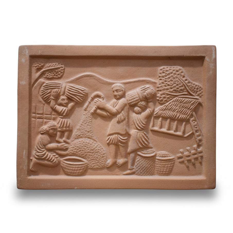 Indian terracotta folk art relief depicting agricultural village life with harvest baskets, farmers at work, rural homes, and nature-inspired clay textures.