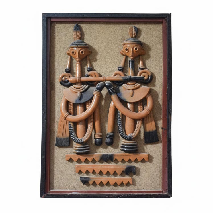 Rustic Indian tribal wall art with two musicians, handcrafted folk decor piece showcasing traditional craftsmanship.