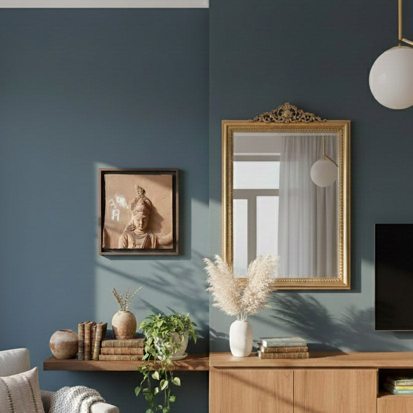 Indian terracotta wall art featuring a serene deity portrait, styled in a modern living room with wooden console, mirror, and indoor plants.