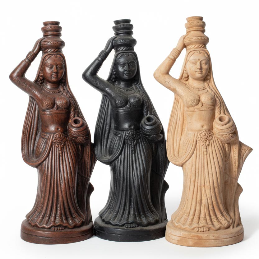 Handcrafted Indian folk art statues showing women carrying pots, brown black beige ethnic home decor sculptures in assorted finishes.
