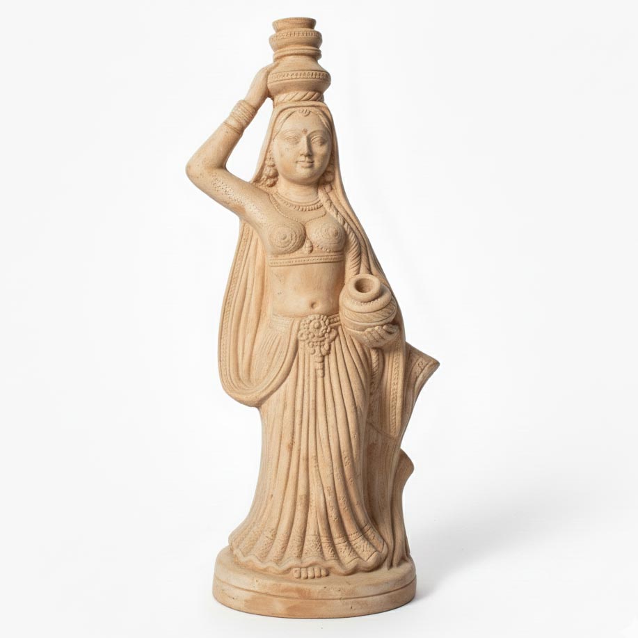 Handcrafted Indian woman figurine carrying a pot, beige terracotta-style folk art sculpture for ethnic home decor.