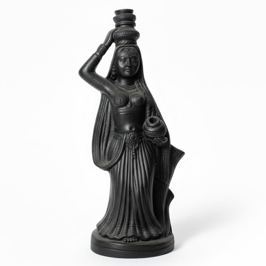Handcrafted Indian woman figurine carrying a pot, black terracotta-style folk art sculpture for ethnic home decor.