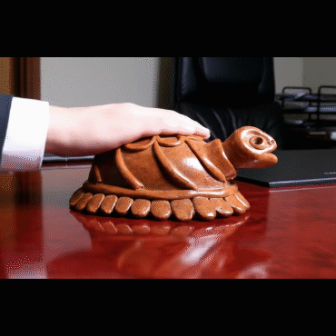 A close-up view of a traditional handcrafted terracotta tortoise statue placed on a polished wooden office desk. The video highlights the detailed clay craftsmanship and its placement in a professional setting, often used as a Vastu Shastra or Feng Shui remedy to bring stability and good luck to the workspace.