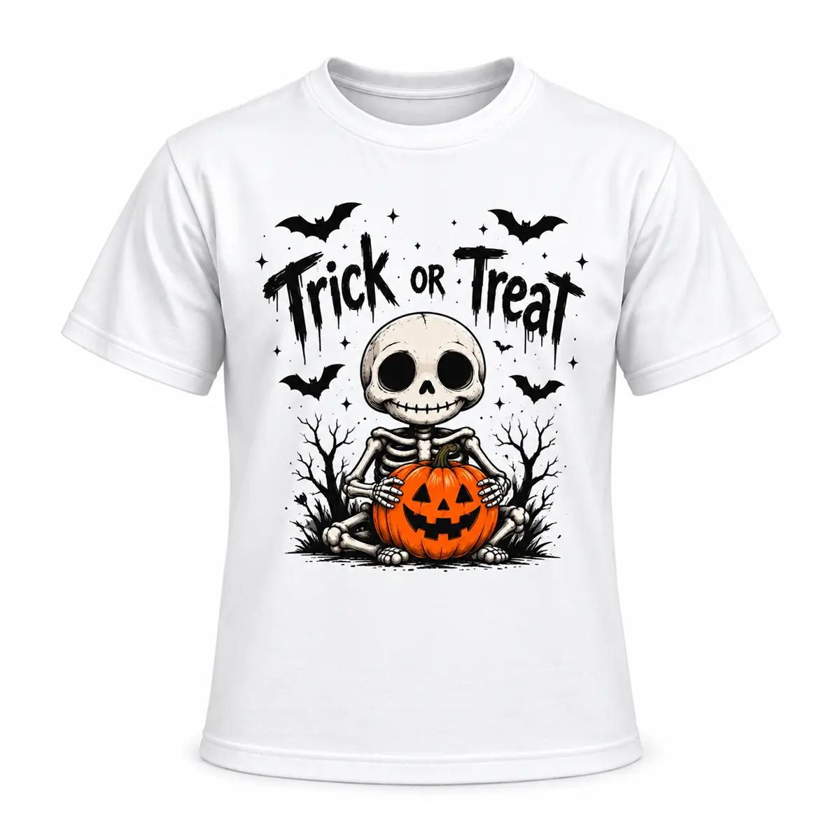 Whimsical Halloween pumpkin and bone art shirt featuring a cute sitting skeleton holding an orange jack-o-lantern with bats and Trick or Treat text.