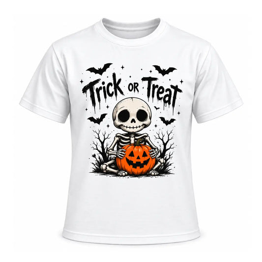Whimsical Halloween pumpkin and bone art shirt featuring a cute sitting skeleton holding an orange jack-o-lantern with bats and Trick or Treat text.