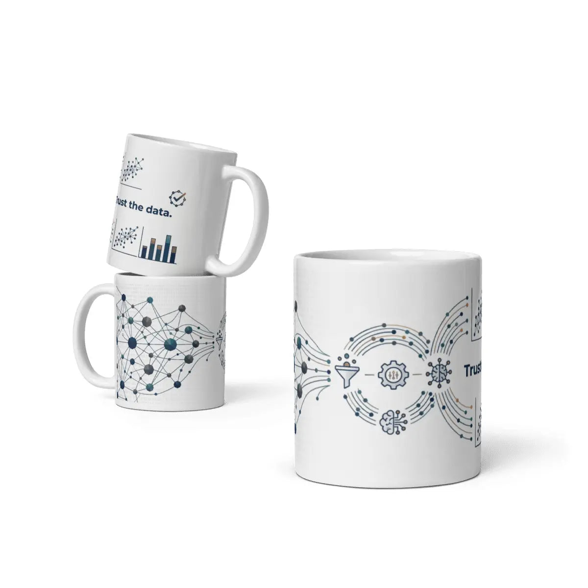 White 11oz ceramic coffee mug printed with data science diagrams, neural network charts, and the text Trust the data.
