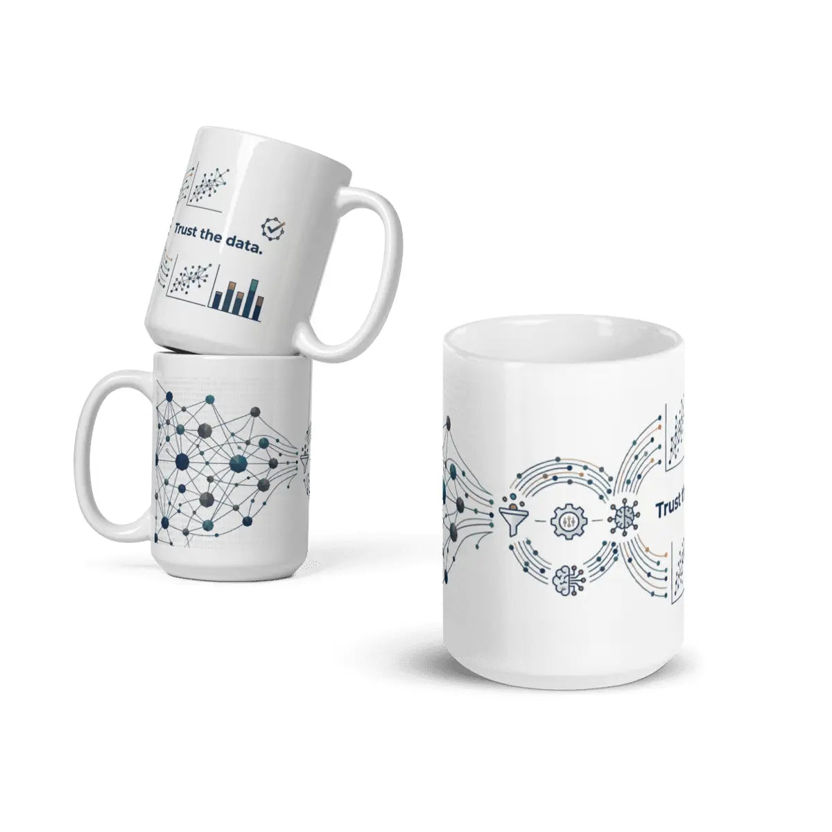 White 15oz ceramic coffee mug printed with data science diagrams, neural network charts, and the text Trust the data.