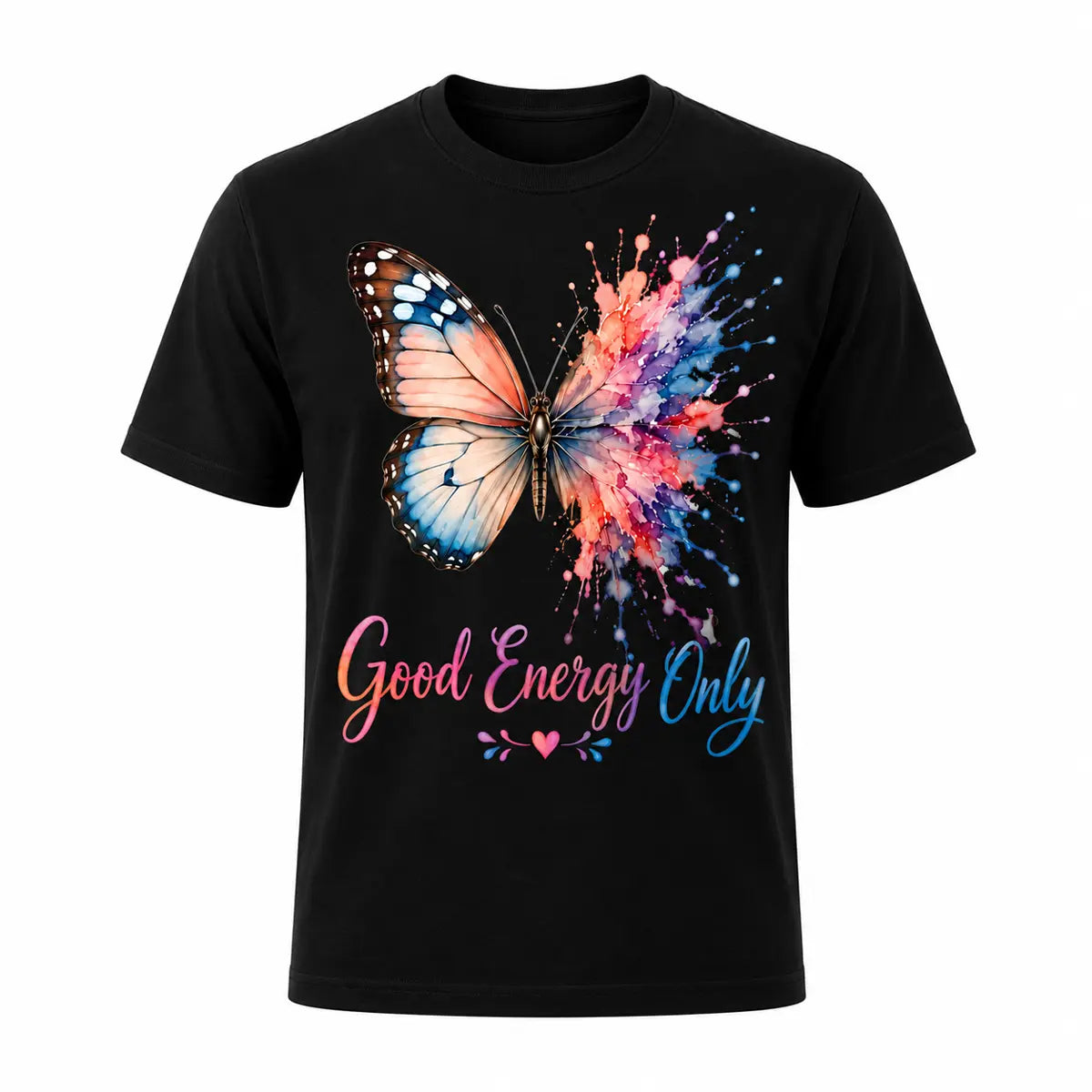 A black graphic tee featuring a monarch butterfly with vibrant watercolor splashes and the inspirational quote Good Energy Only. Free shipping by Incotta.