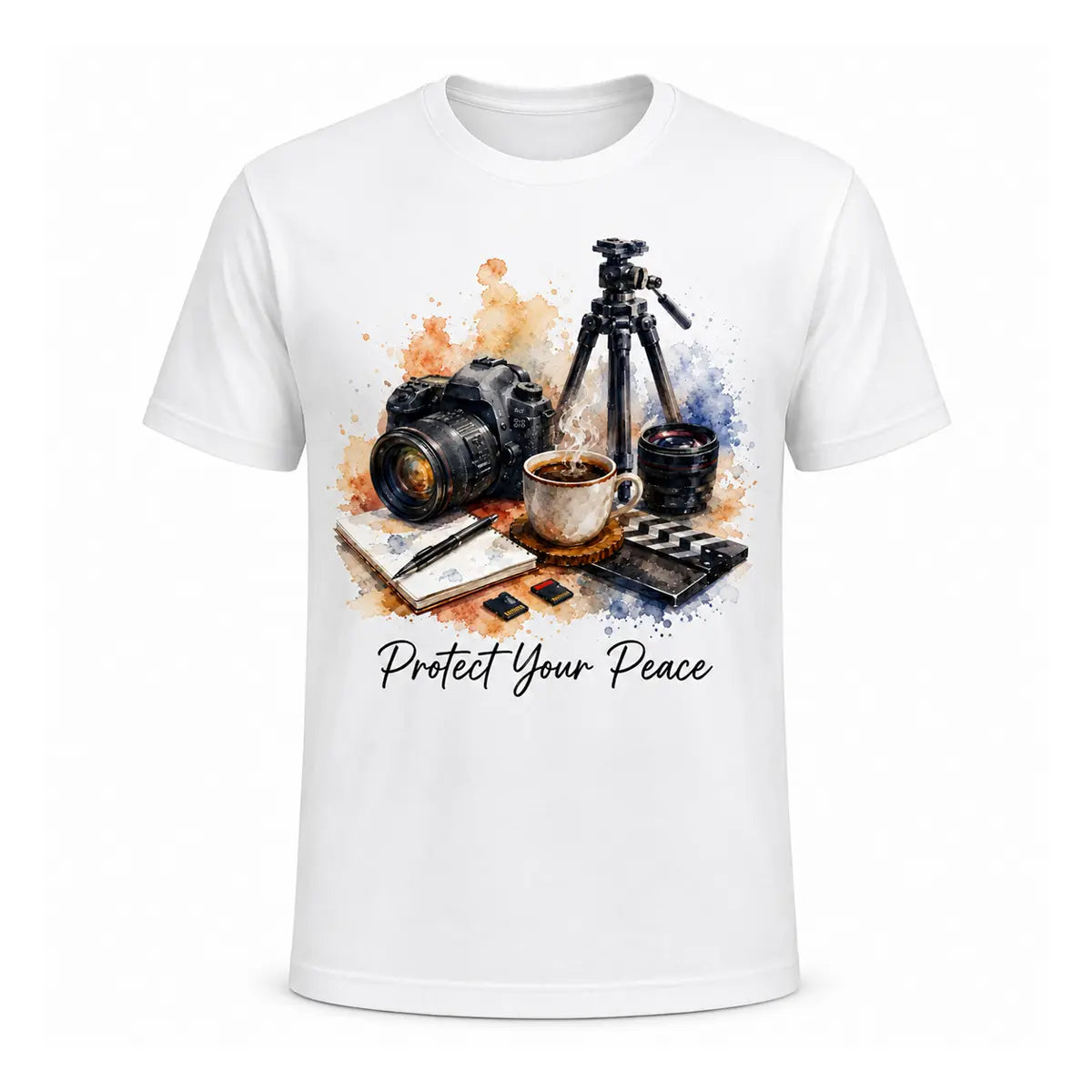 A white photographer graphic tee featuring a watercolor camera, tripod, clapperboard, coffee cup, and the text Protect Your Peace. Free shipping by Incotta.