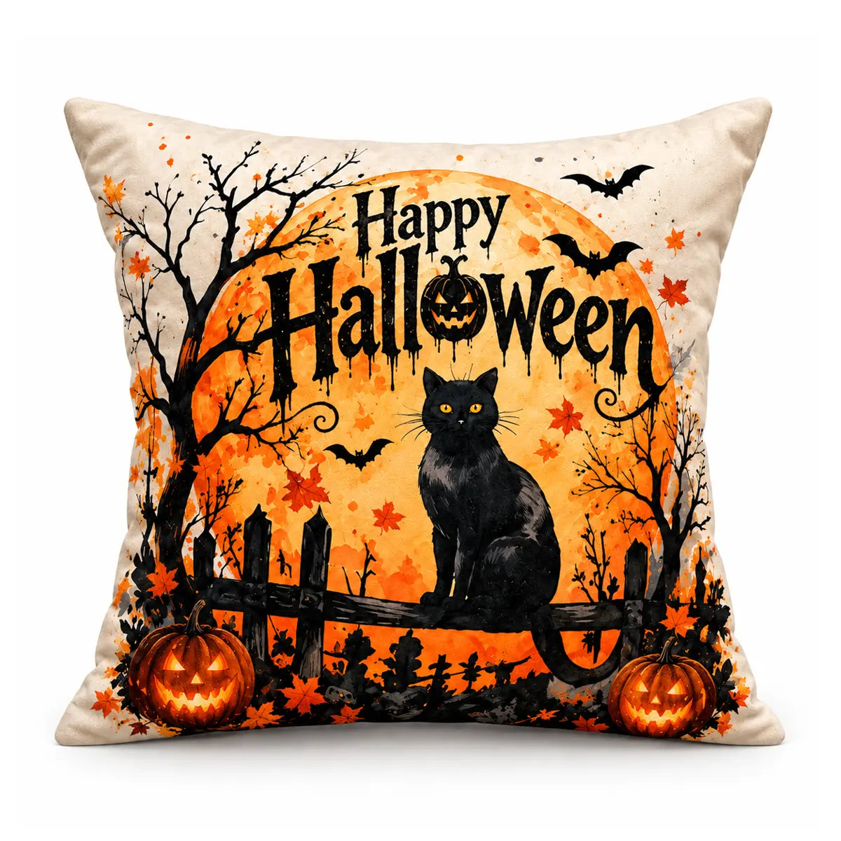 Happy Halloween pumpkin aesthetic cushion cover featuring a black cat silhouette against an orange full moon, surrounded by autumn leaves and flying bats.
