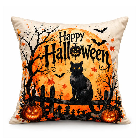 Happy Halloween pumpkin aesthetic cushion cover featuring a black cat silhouette against an orange full moon, surrounded by autumn leaves and flying bats.