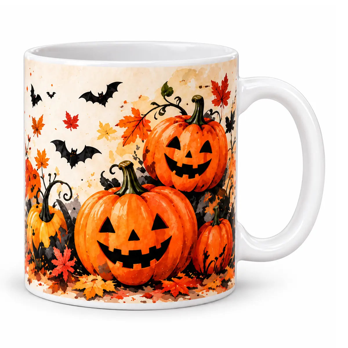 Aesthetic jack-o-lantern fall drinkware featuring a watercolor Halloween pumpkin coffee mug with smiling orange pumpkins, flying black bats, and autumn leaves.