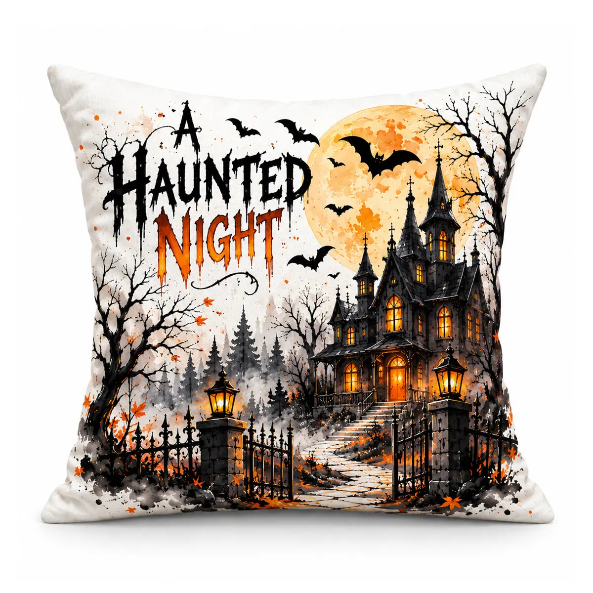 Aesthetic creepy estate seasonal home accent featuring a watercolor haunted house Halloween throw pillow with text reading A Haunted Night, bats, and a full moon.