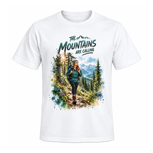 A white custom mountains are calling hiking graphic tee featuring a personalized watercolor hiker girl in a forest with snow capped peaks. Free shipping by Incotta.