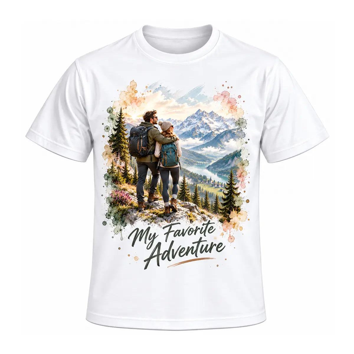 A white custom my favorite adventure couple graphic tee featuring a personalized watercolor mountain hiking scene with a couple. Free shipping!