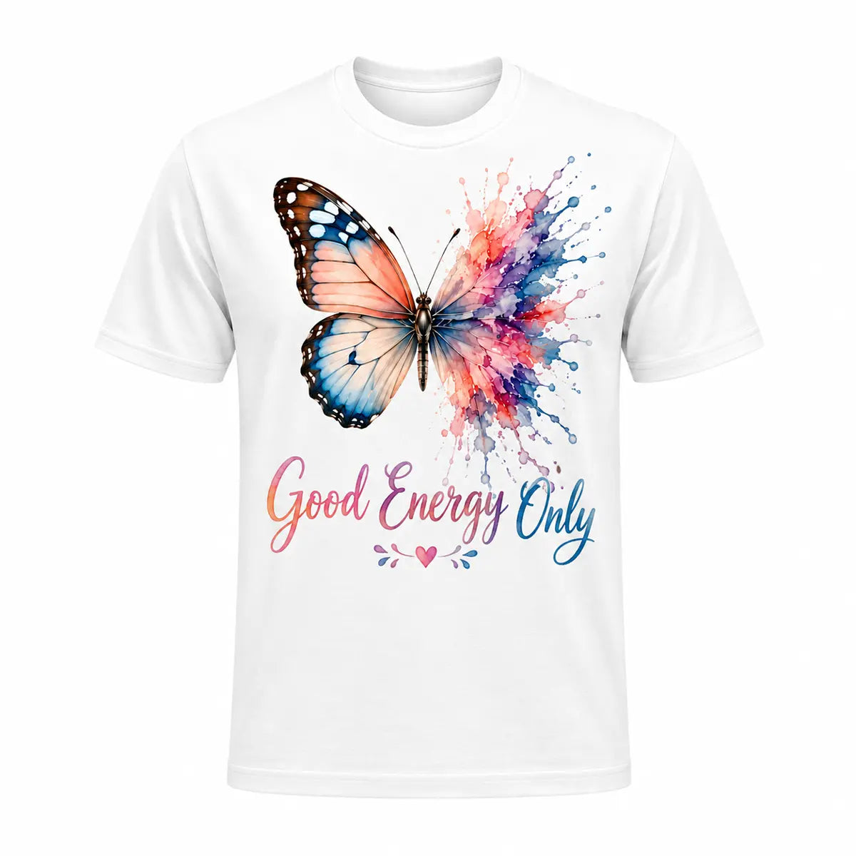 A white graphic tee featuring a monarch butterfly with vibrant watercolor splashes and the inspirational quote Good Energy Only. Free shipping by Incotta.