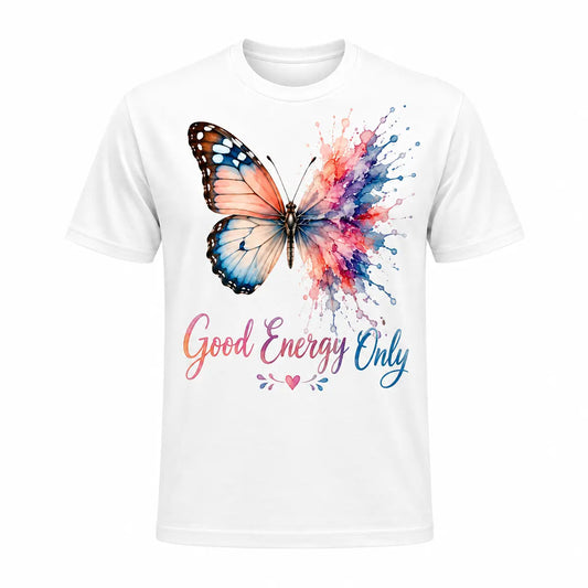 A white graphic tee featuring a monarch butterfly with vibrant watercolor splashes and the inspirational quote Good Energy Only. Free shipping by Incotta.